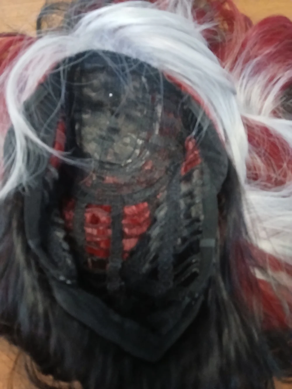 Long Wavy Silver, Red & Black Synthetic Wig — Elegant Tri-Color Style